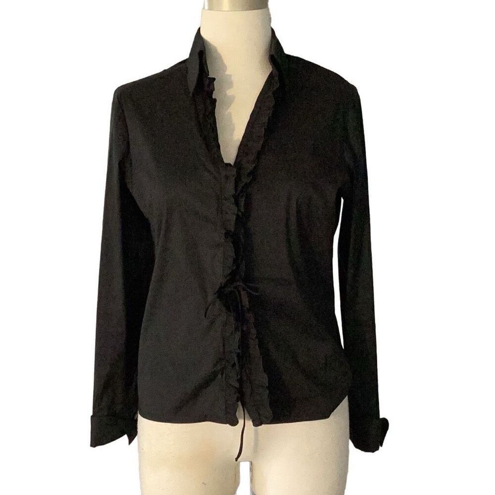 Trina Turk Black Ruffle Lace Up Front Blouse French Cuffs Women’s Large